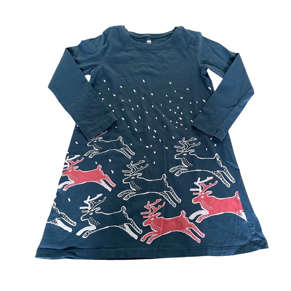 Tea Collection Reindeer Dress Girl 5 Teal Blue Holiday Winter Long Sleeve Cotton